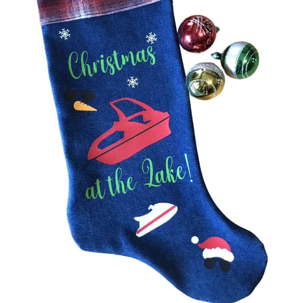 Denim Christmas Stocking Lake House Christmas Decor, Boating Fishing Applique
